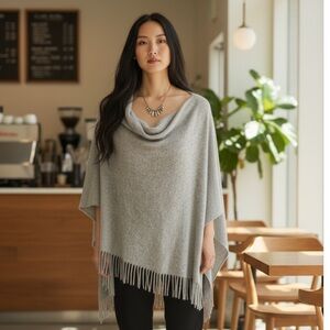 Sundance Grey Cashmere Fringe Poncho Sweater One Size